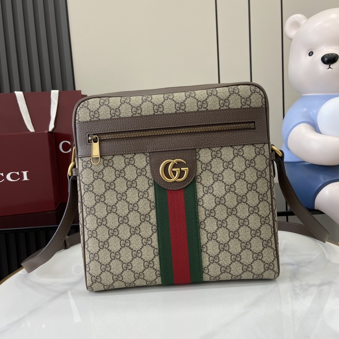 구찌 Gucci GG Supreme Messenger Bag with Web Stripe Beige and brown