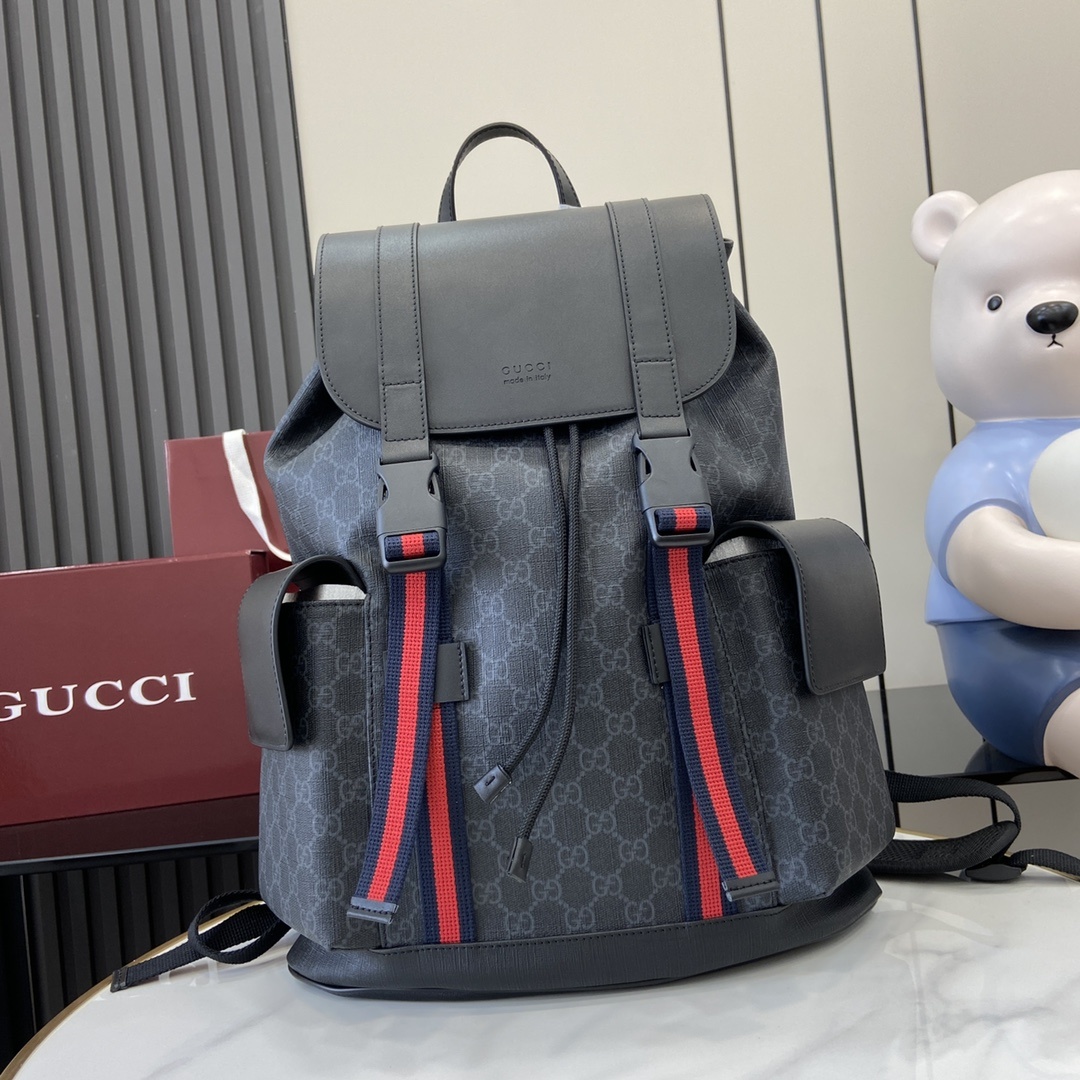 구찌 소프트 GG 수프림 백팩 블루 레드 웹 블랙 및 그레이