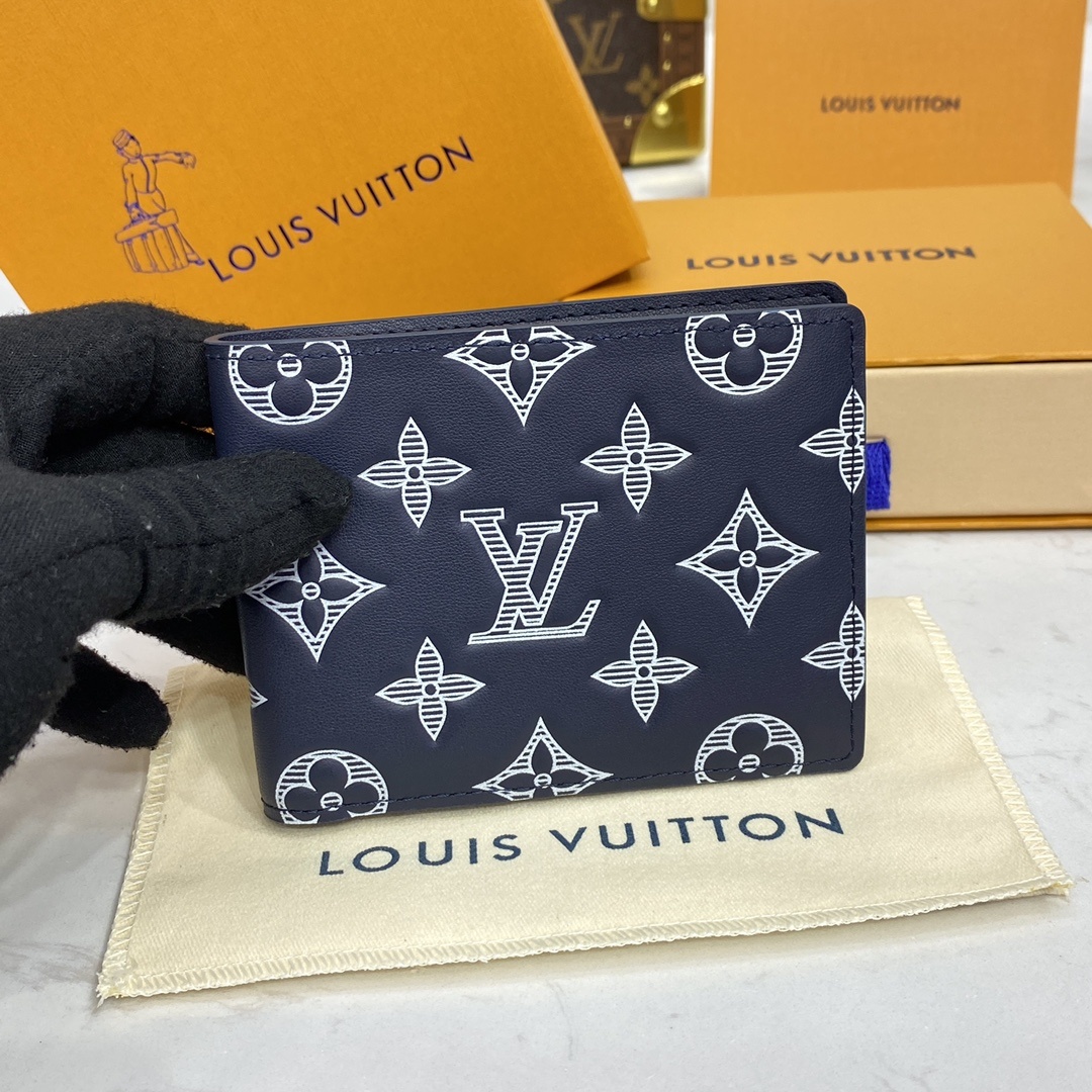 루이비통 Louis Vuitton Blue/White Monogram Shadow Multiple Wallet Blue and White