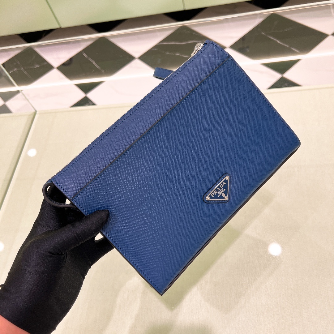 프라다 Prada Saffiano Leather Embossed Logo Pouch - Blue
