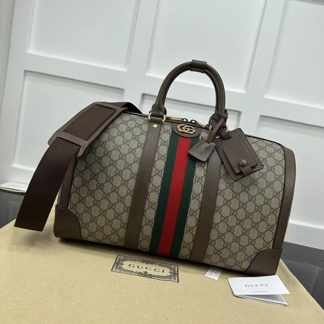 구찌 Gucci GG Supreme Web Duffle Bag Beige and brown with green-red Web stripe