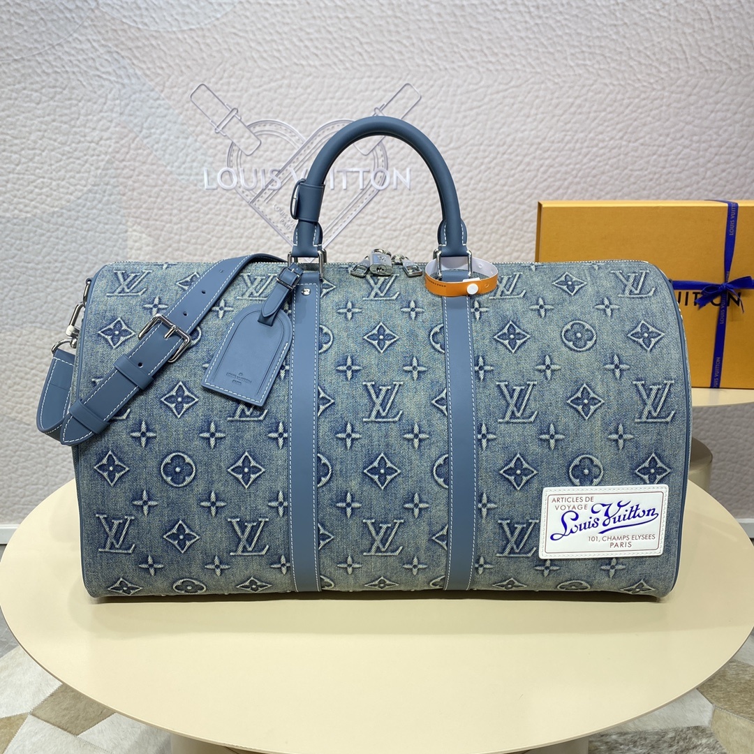 루이비통 Louis Vuitton Blue Monogram Washed Denim Keepall Bandoulière 50