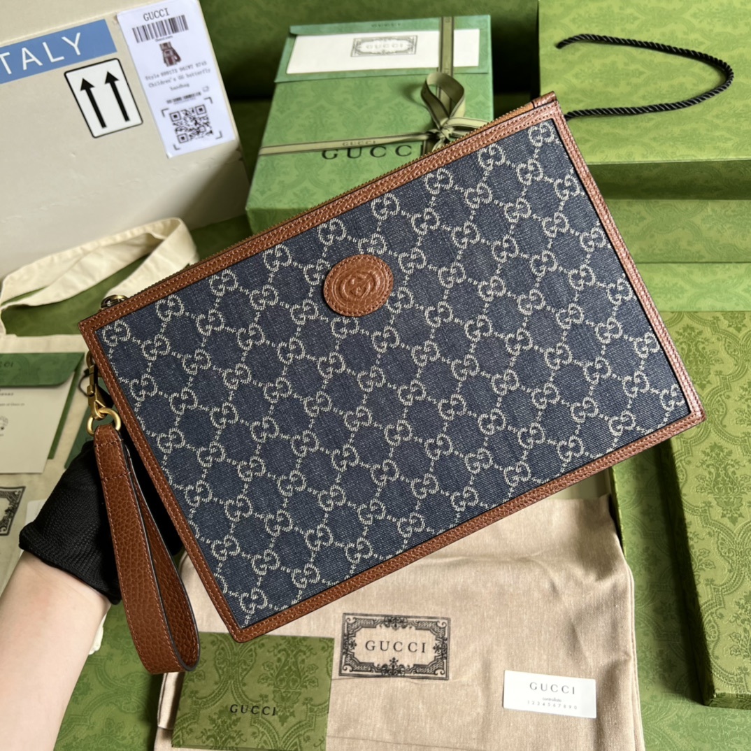 구찌 Gucci Interlocking G GG Supreme Pouch Blue and brown