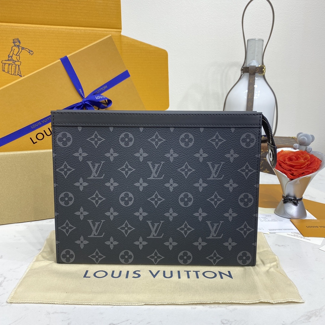 루이비통 Louis Vuitton Pochette Voyage MM Monogram Eclipse Clutch Black and grey