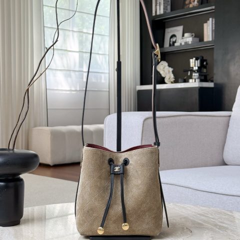 샤넬 Chanel Small CC Loop Drawstring Bucket Bag — Dark Beige & Black