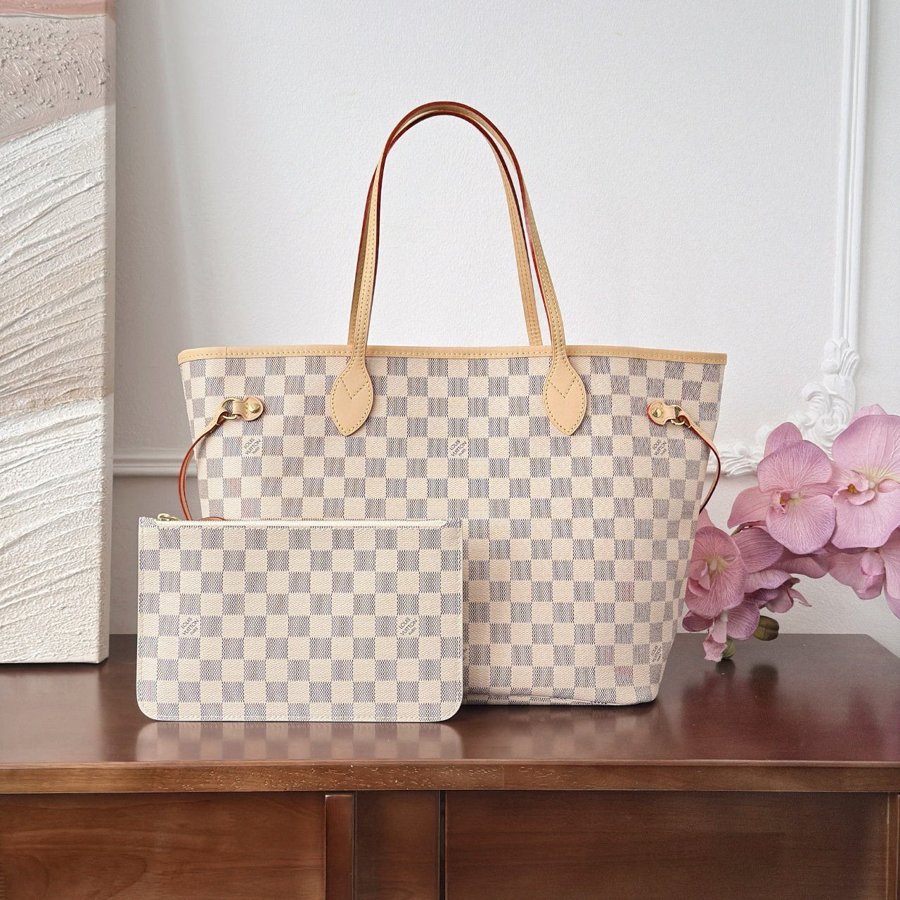 루이비통 Louis Vuitton Neverfull MM Damier Azur Tote Rose Beige