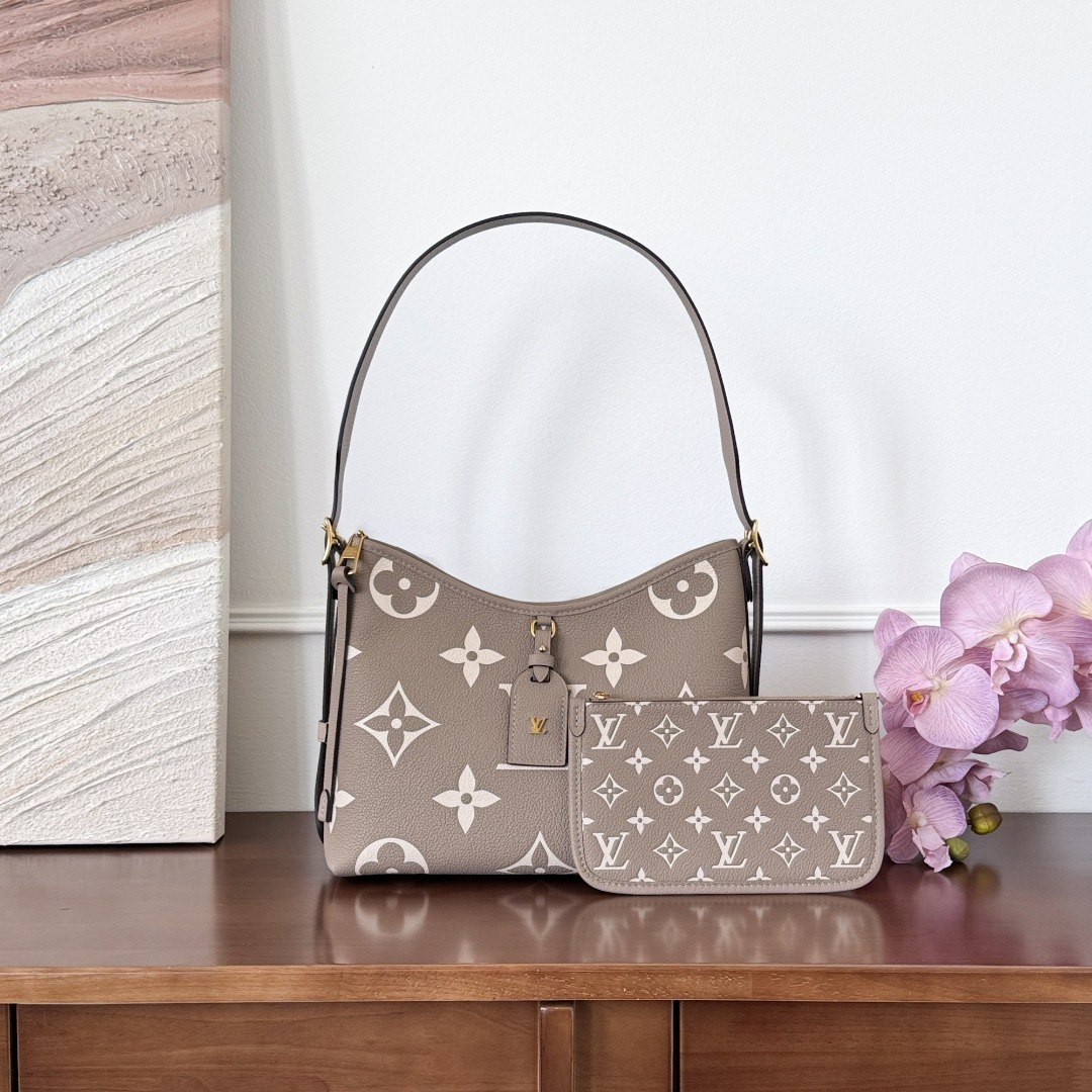 루이비통 Louis Vuitton CarryAll PM Bicolor Monogram Empreinte Leather Bag — Tourterelle/Crème Taupe / Cream