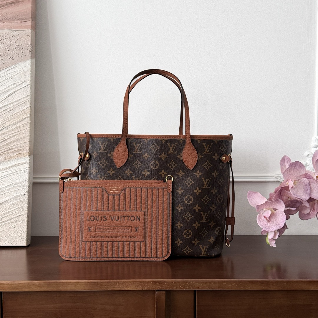 루이비통 Louis Vuitton Monogram Neverfull Inside Out MM Tote Bag, Brown and Tan