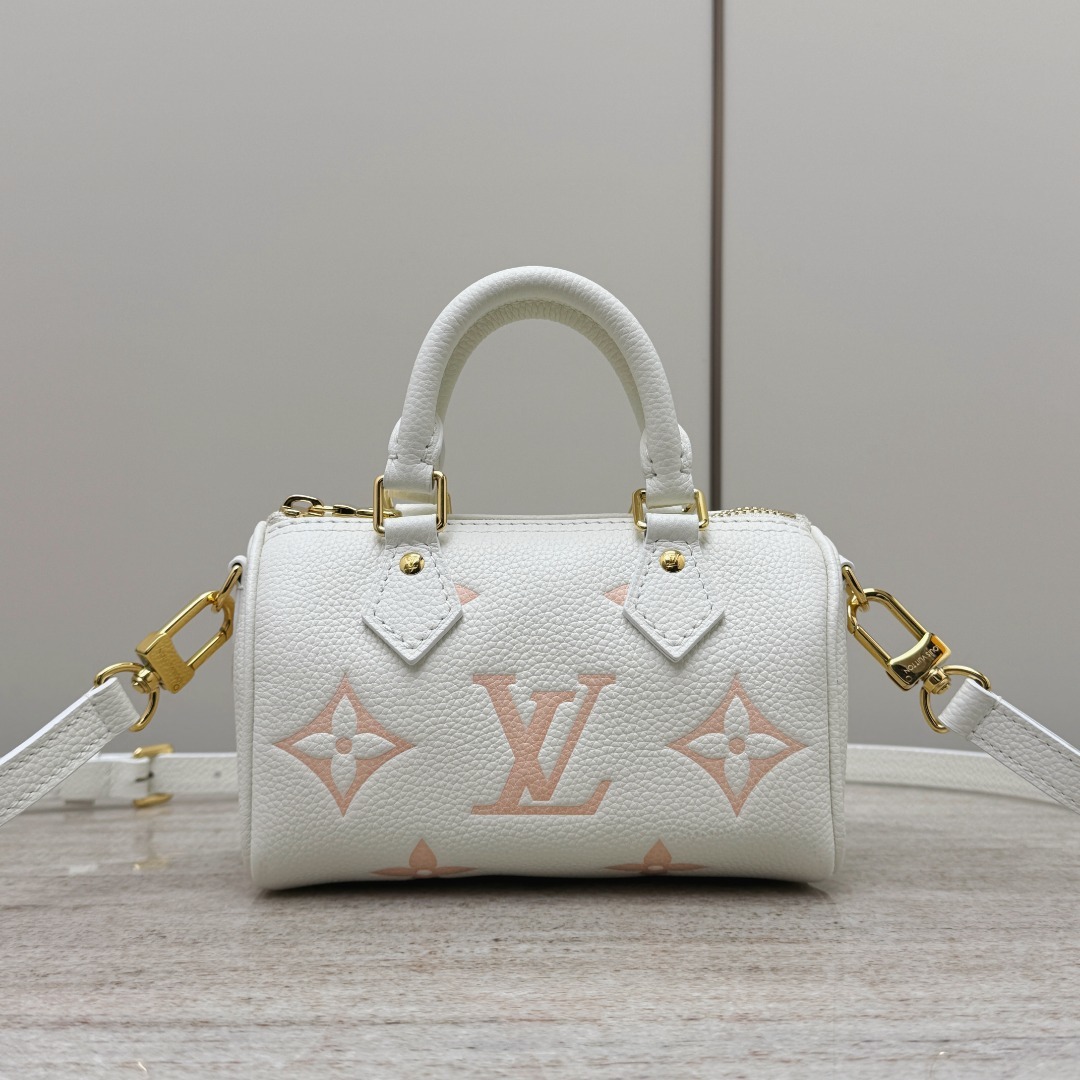 루이비통 Louis Vuitton Nano Speedy Monogram Empreinte Leather Bag Cream and Rose Pink