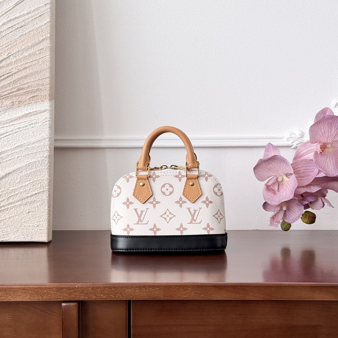 루이비통 Louis Vuitton Nano Alma Monogram Dune Canvas Bag White and blush pink